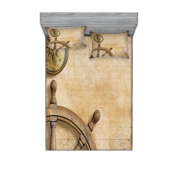 Ambesonne Vintage Fitted Sheet & Pillow Sham Set, Wooden Wheel Compass, Full, Beige