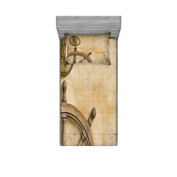 Ambesonne Vintage Fitted Sheet & Pillow Sham Set, Wooden Wheel Compass, Twin, Beige