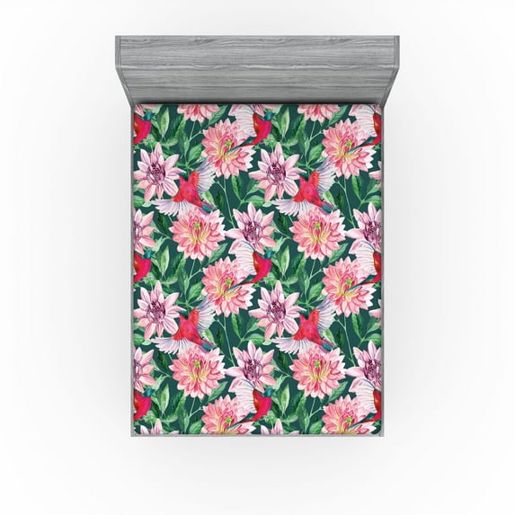 Ambesonne Vintage Fitted Sheet, Pink Flowers Hand-Drawn Art, Queen Size, Dark Coral and Jade Green