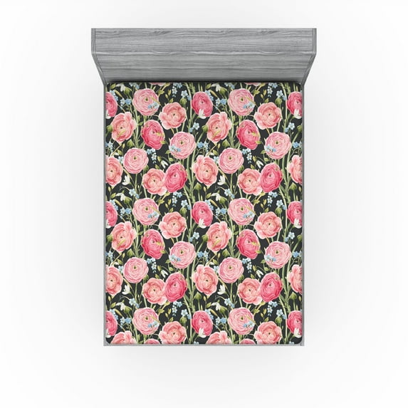 Ambesonne Vintage Fitted Sheet, Pink-Tone Summer Flowers, Full Size, Dark Coral and Olive Green