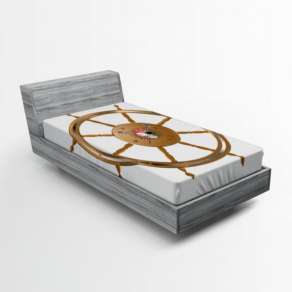 Ambesonne Vintage Fitted Sheet, Pirate Sea Ship Wheel, Twin Size, Brown Black