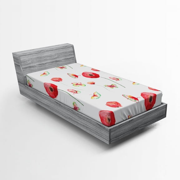 Ambesonne Vintage Fitted Sheet, Poppy Butterfly Romance, Twin XL Size, Coconut and Red