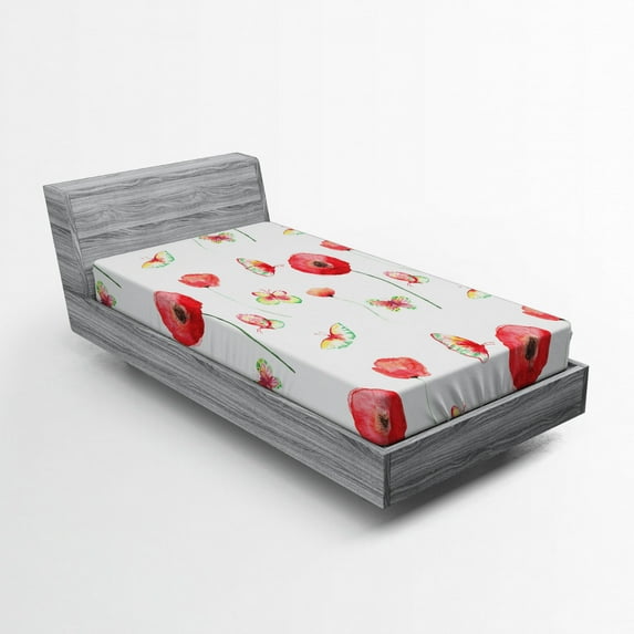 Ambesonne Vintage Fitted Sheet, Poppy Butterfly Romance, Twin XL Size, Coconut and Red