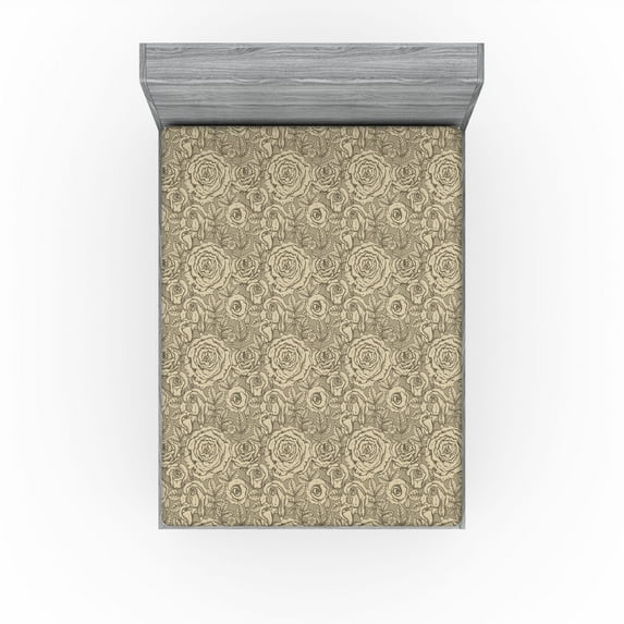 Ambesonne Vintage Fitted Sheet, Retro Artwork Roses Leaves, King Size, Eggshell Sage Green Taupe