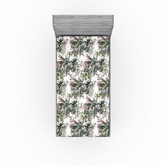 Ambesonne Vintage Fitted Sheet, Retro Bloom Exotic Leaves, Twin Size, Reseda Green and Rose