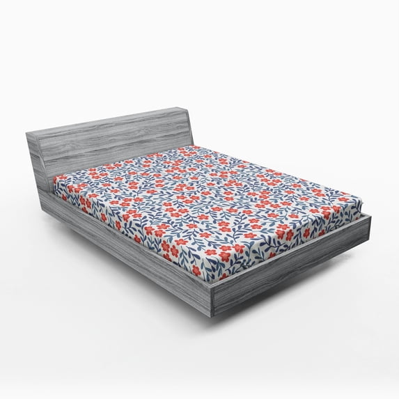 Ambesonne Vintage Fitted Sheet, Retro Bohemian Floral, Full Size, Red Blue White
