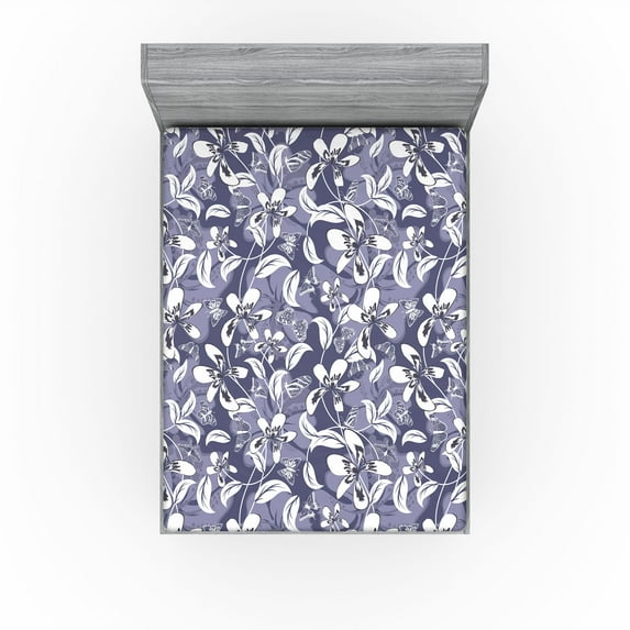 Ambesonne Vintage Fitted Sheet, Retro Butterfly Flower Art, Queen Size, Dark Indigo Grey and White