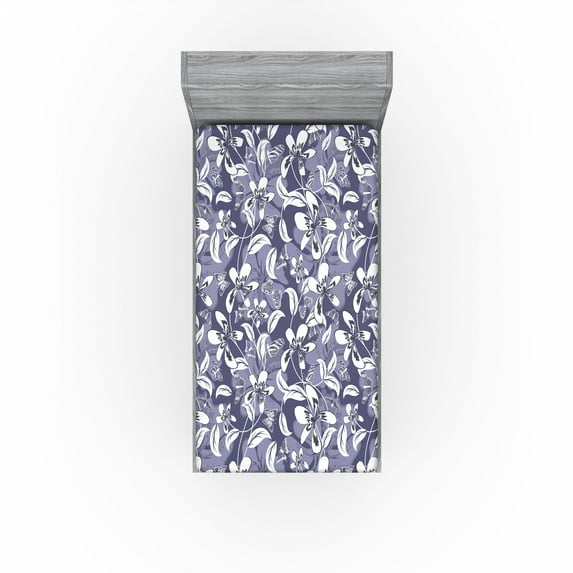 Ambesonne Vintage Fitted Sheet, Retro Butterfly Flower Art, Twin XL Size, Dark Indigo Grey and White