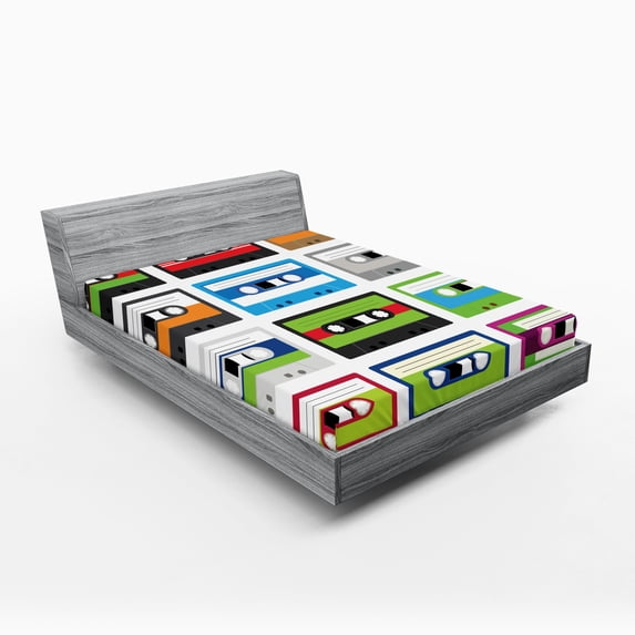 Ambesonne Vintage Fitted Sheet, Retro Cassette Collage, Full Size, Green Blue