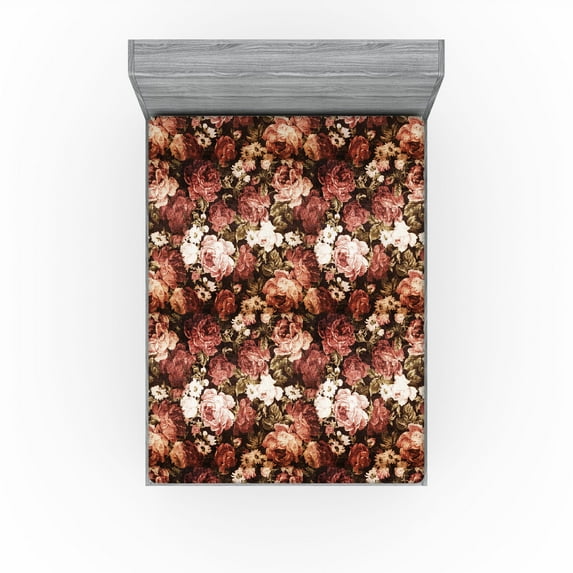 Ambesonne Vintage Fitted Sheet, Retro English Garden Peony, King Size, Seal Brown and Pale Rust