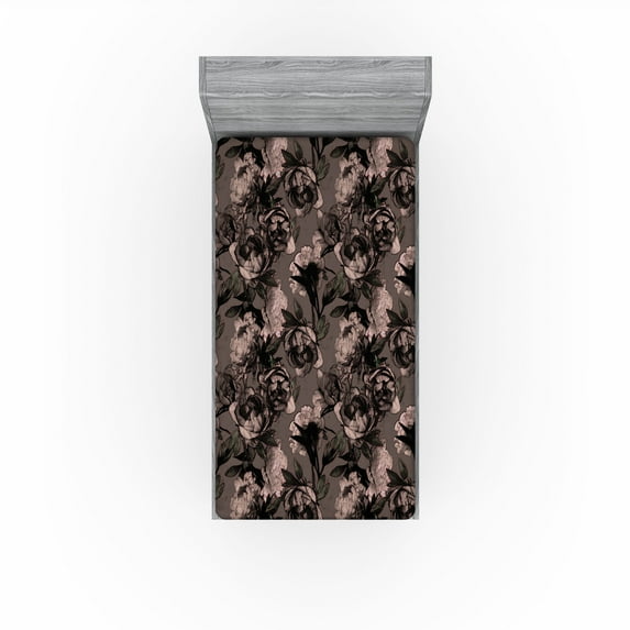 Ambesonne Vintage Fitted Sheet, Retro Grunge Earthy Peony, Twin Size, Umber Dark Brown