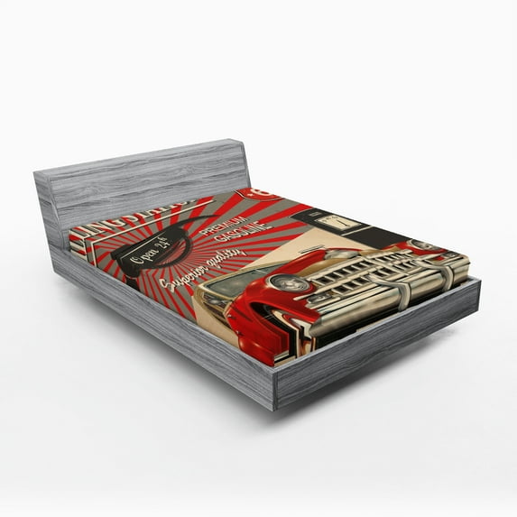 Ambesonne Vintage Fitted Sheet, Retro Poster Effect, Full Size, Vermilion Beige