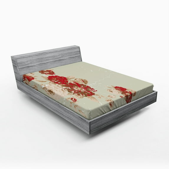 Ambesonne Vintage Fitted Sheet, Rose Antique Flowers, Queen Size, Beige Cream Red