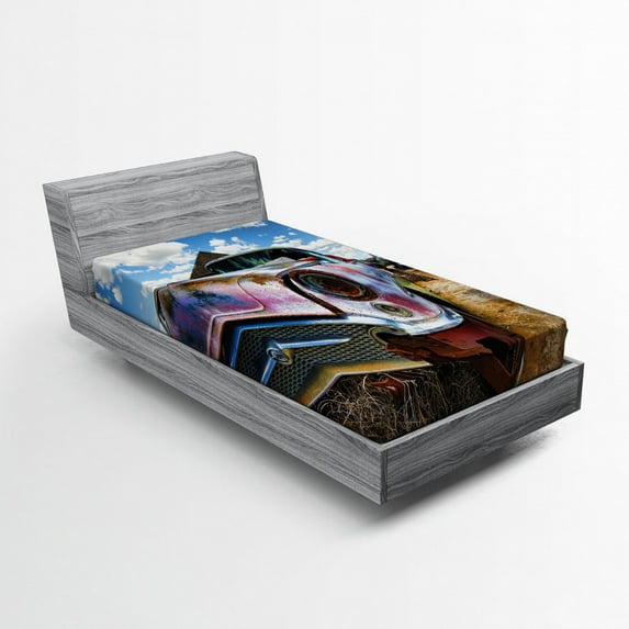 Ambesonne Vintage Fitted Sheet, Rusty Abandoned Cars, Twin XL Size, Pale Coffee and Blue