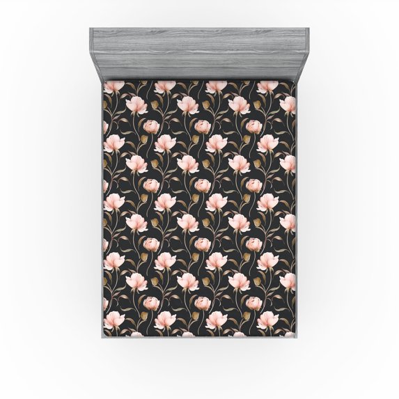 Ambesonne Vintage Fitted Sheet, Simple Branch Rose Floral, Queen Size, Dark Grey Blush and Umber