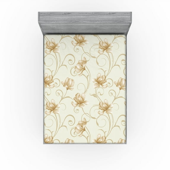 Ambesonne Vintage Fitted Sheet, Simple Modern Garden Floral, California King, Pale Khaki Pastel Brown