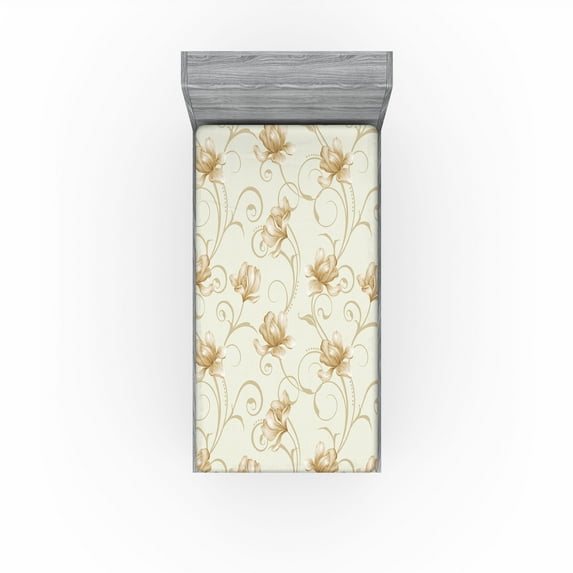 Ambesonne Vintage Fitted Sheet, Simple Modern Garden Floral, Twin Size, Pale Khaki Pastel Brown