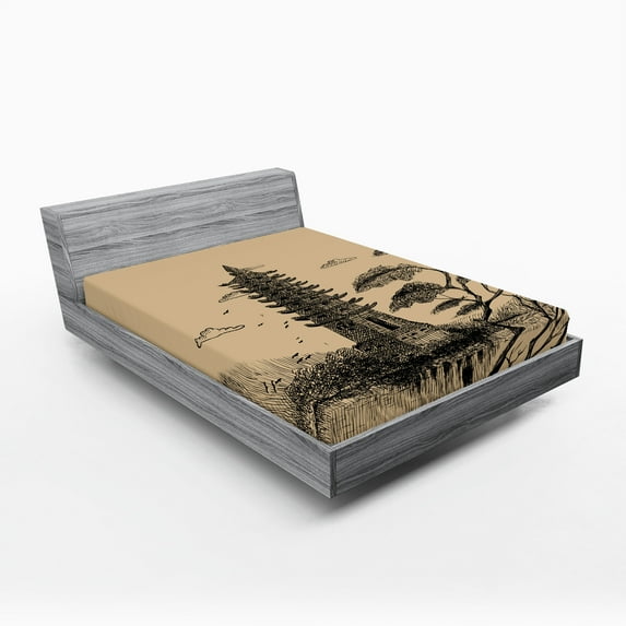 Ambesonne Vintage Fitted Sheet, Taoist House of Faith, Full Size, Pale Brown Black