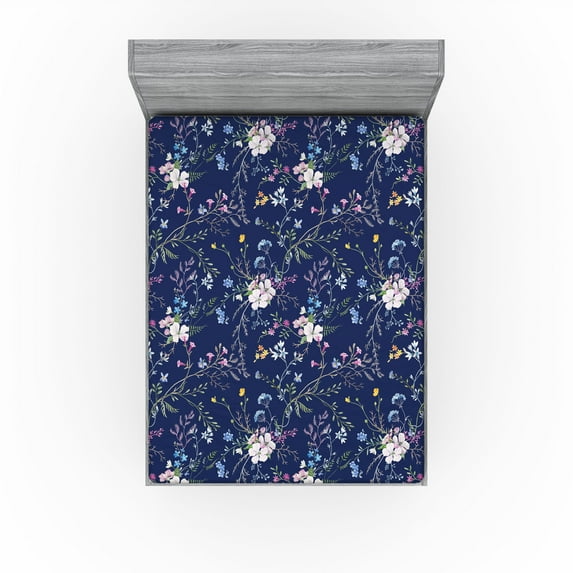 Ambesonne Vintage Fitted Sheet, Tiny Design Floral Pattern, California King, Dark Lavender and Olive Green