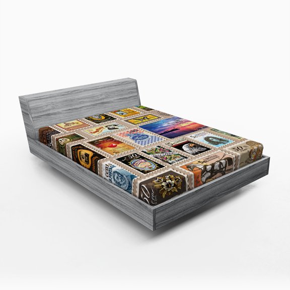 Ambesonne Vintage Fitted Sheet, Traveler Tourist Stamps, Full Size, Brown Yellow