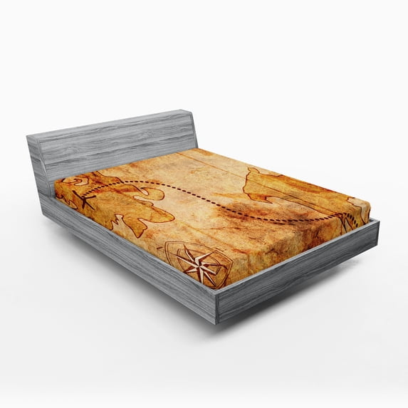 Ambesonne Vintage Fitted Sheet, Treasure Map Compass, Full Size, Tan