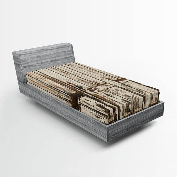 Ambesonne Vintage Fitted Sheet, Vertical Rustic Planks, Twin XL Size, Brown White