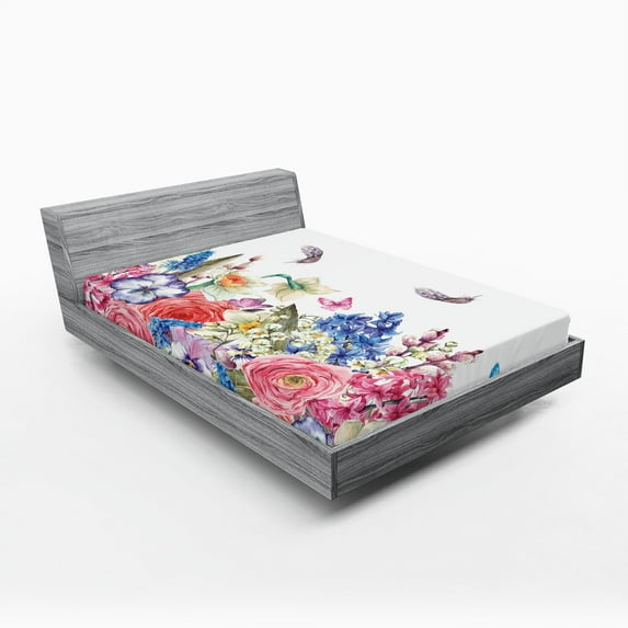 Ambesonne Vintage Fitted Sheet, Vivid Floral Nature, Queen Size, Pink Blue