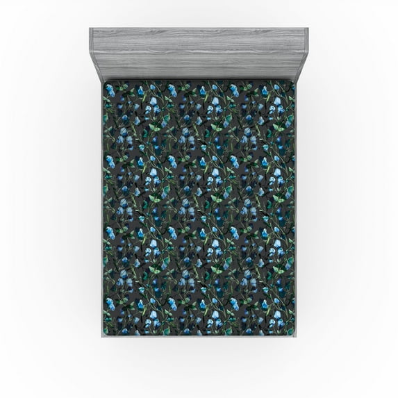 Ambesonne Vintage Fitted Sheet, Watercolor Minimal Flower, Queen Size, Reseda Green Sky Blue