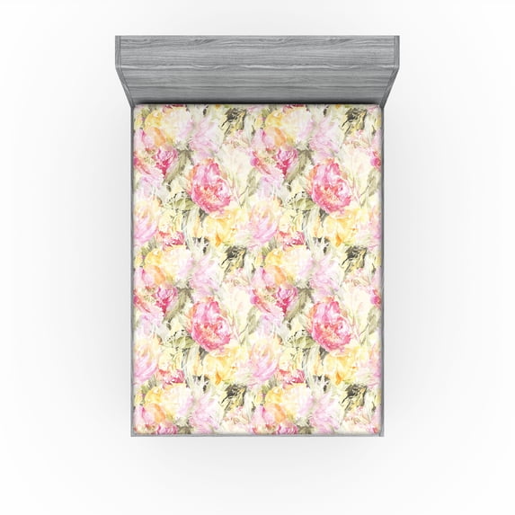 Ambesonne Vintage Fitted Sheet, Watercolor Roses Floral Art, Queen Size, Dark Coral and Pale Ruby