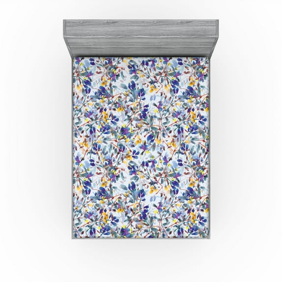 Ambesonne Vintage Fitted Sheet, Watercolor Spring Flower, Queen Size, Ceil Blue Earth Yellow