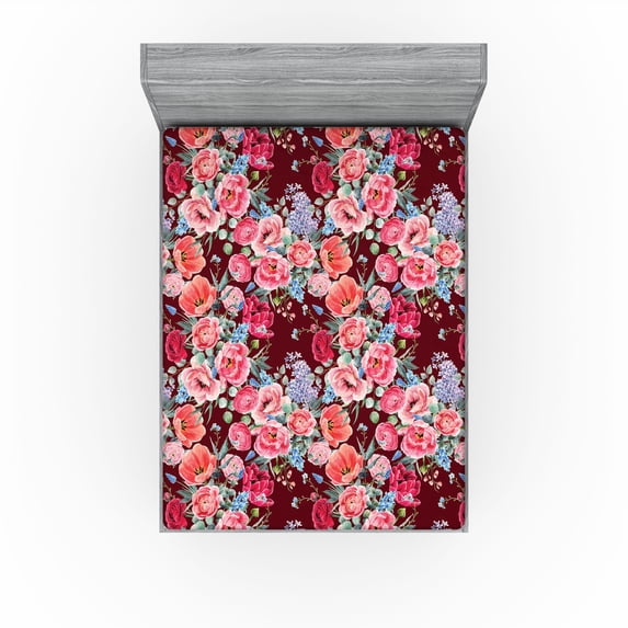 Ambesonne Vintage Fitted Sheet, Watercolor Summer Flowers, Full Size, Dark Coral and Sage Green