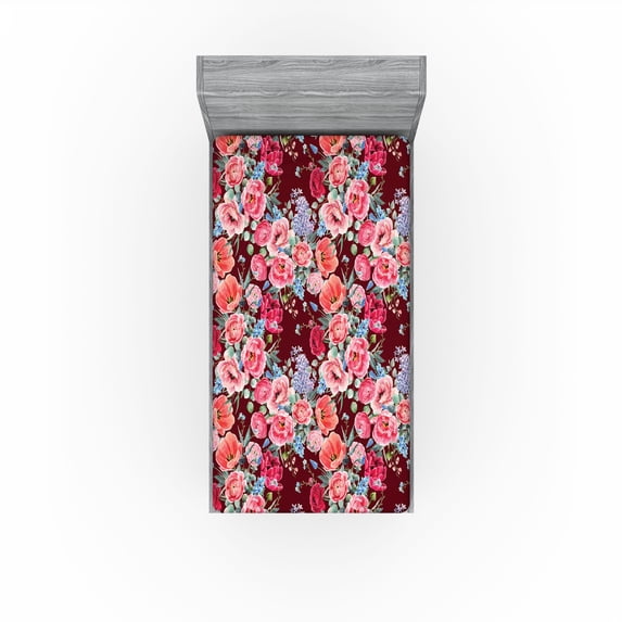 Ambesonne Vintage Fitted Sheet, Watercolor Summer Flowers, Twin XL Size, Dark Coral and Sage Green