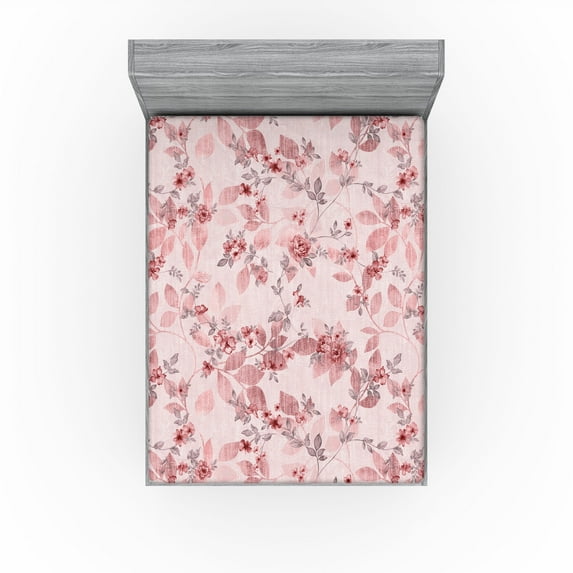 Ambesonne Vintage Fitted Sheet, Weathered Effect Floral Art, King Size, Pale Pink and Dried Rose