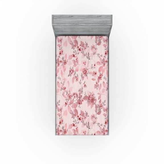 Ambesonne Vintage Fitted Sheet, Weathered Effect Floral Art, Twin XL Size, Pale Pink and Dried Rose