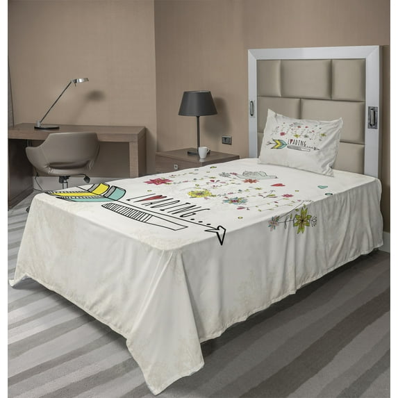 Ambesonne Vintage Fitted & Top Sheet Set with Sham, Fall Autumn Flowers, Red Yellow Beige