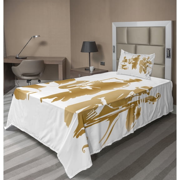 Ambesonne Vintage Fitted & Top Sheet Set with Sham, Jazz Band Blues Music, Sand Brown White