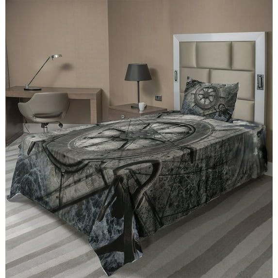 Ambesonne Vintage Fitted & Top Sheet Set with Sham, Steering Wheel Grunge, Charcoal