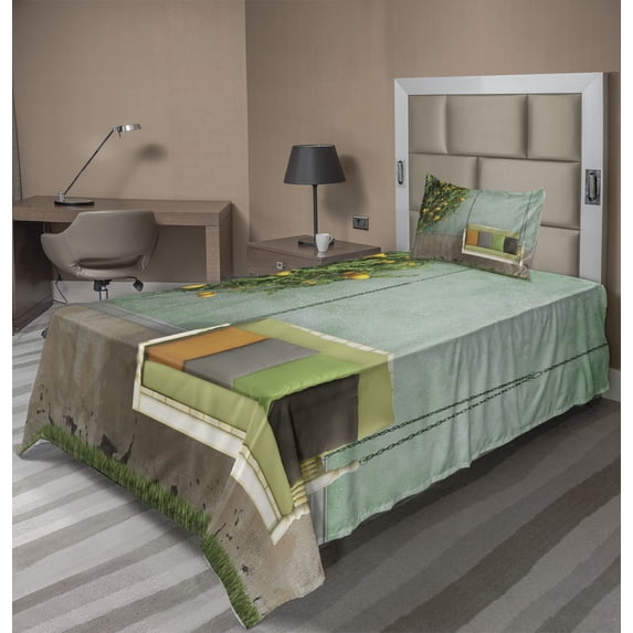 Ambesonne Vintage Fitted & Top Sheet Set with Sham, Wooden Swing in Garden, Yellow Green