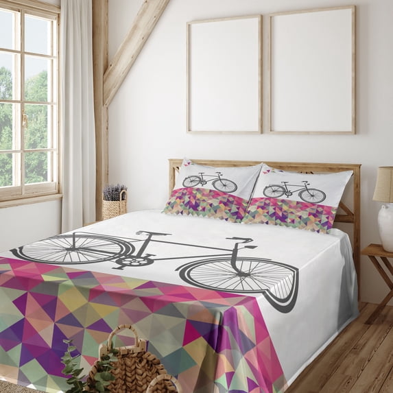 Ambesonne Vintage Fitted & Top Sheet Set with Shams, Bike over Color Mosaic, Multicolor