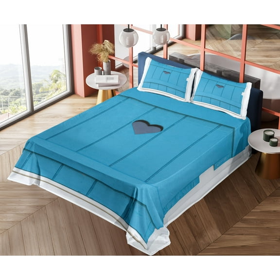 Ambesonne Vintage Fitted & Top Sheet Set with Shams, Bohemian Italian Heart, White Turquoise