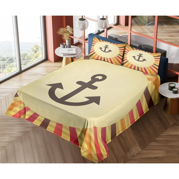 Ambesonne Vintage Fitted & Top Sheet Set with Shams, Pop Art Sailing Anchor, Cream Red Orange