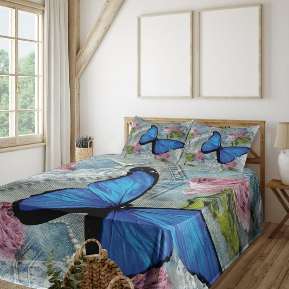 Ambesonne Vintage Fitted & Top Sheet Set with Shams, Roses Pearls and Butterly, Multicolor