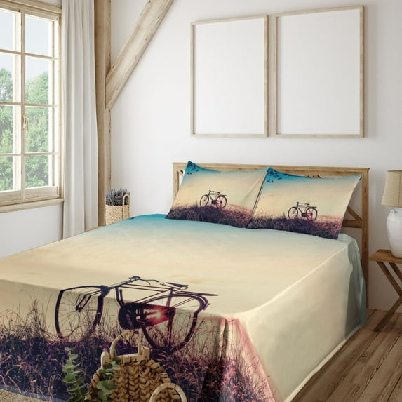 Ambesonne Vintage Fitted & Top Sheet Set with Shams, Sunset Bicycle Pastel, Pale Blue Black and Peach
