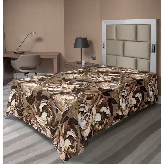 Ambesonne Vintage Flat Bedding Sheet Soft Top Sheet, Abstract Nostalgic Peony, Twin XL, Pale Brown and Dark Cocoa