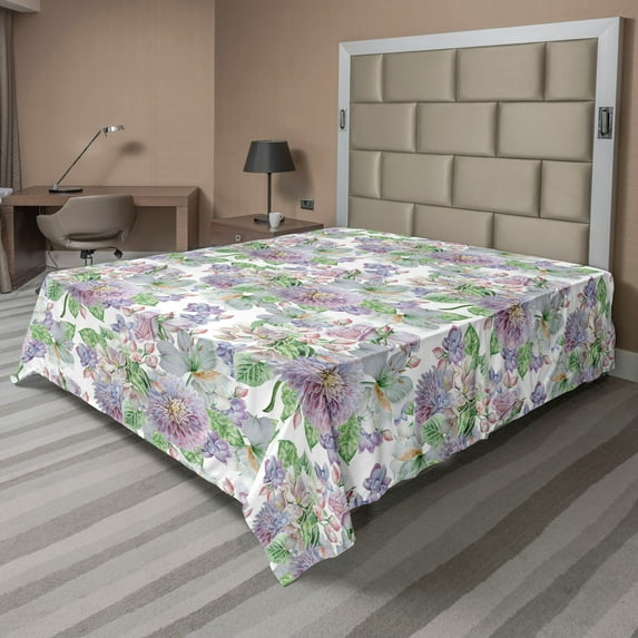 Ambesonne Vintage Flat Bedding Sheet Soft Top Sheet, Alstroemeria Flowers Leaves, Full, Peacock Green and Pale Purple