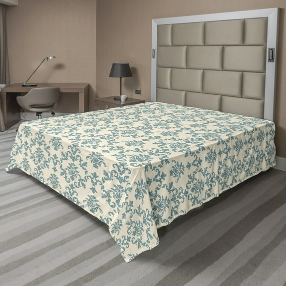 Ambesonne Vintage Flat Bedding Sheet Soft Top Sheet, Art Nouveau Swirly Floral, Queen, Cream Cadet Blue