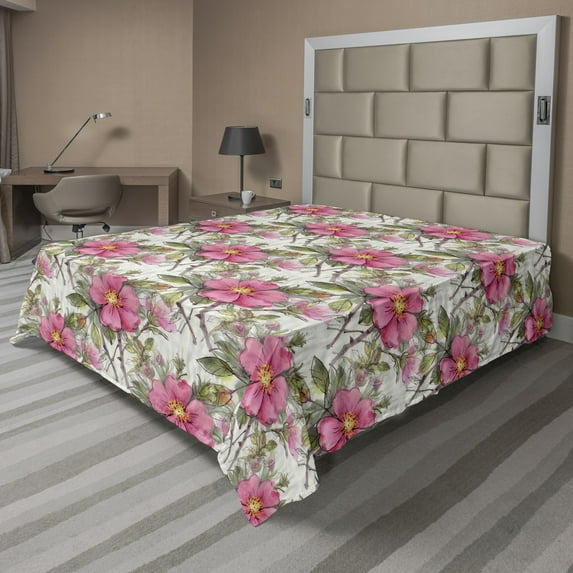 Ambesonne Vintage Flat Bedding Sheet Soft Top Sheet, Dog Rose Flowers Branches, Queen, Dark Coral and Slate Brown