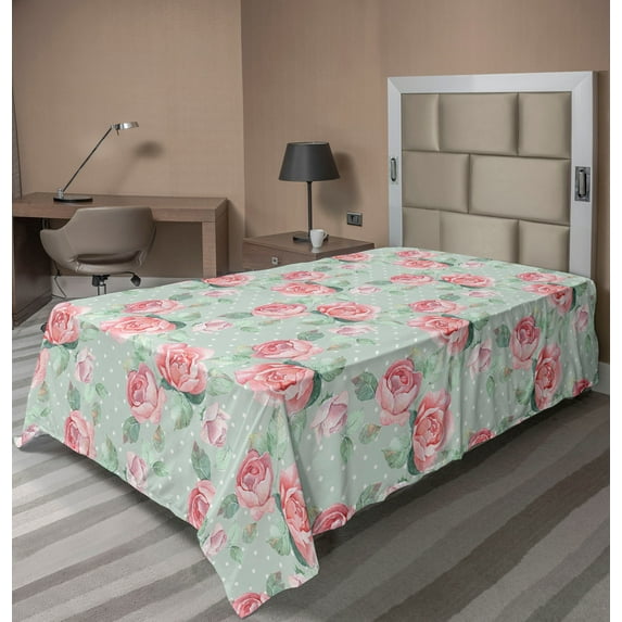 Ambesonne Vintage Flat Bedding Sheet Soft Top Sheet, English Garden Retro Art, Twin XL, Pale Almond Green and Pink