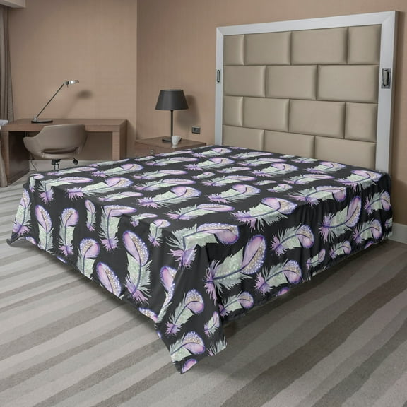 Ambesonne Vintage Flat Bedding Sheet Soft Top Sheet, Feathers Colorful Repeating, Queen, Pale Purple and Sage Green