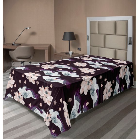Ambesonne Vintage Flat Bedding Sheet Soft Top Sheet, Floral Wild Boho Flowers, Twin XL, Dark Maroon and Pale Salmon